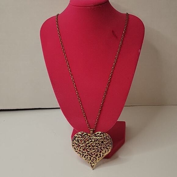 Gold Tone Large Classic Oversized Filigree Heart Pendant 32" Necklace - Picture 2 of 2